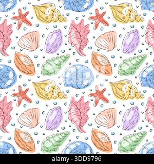 Conchiglie e stelle marine senza cuciture su sfondo bianco in stile piatto. Design estivo marino per arredi da spiaggia e tema oceano. Illustrazione Vettoriale