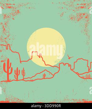 Paesaggio del deserto d'epoca con cactus e Canyon. Deserto dell'Arizona con sole giallo e silhouette di cactus su carta antica Illustrazione Vettoriale