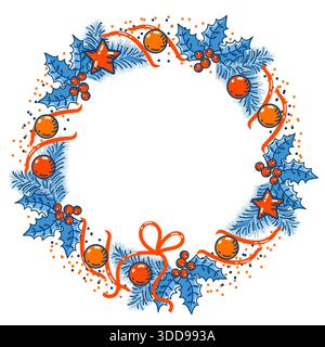 Corona di Natale, bacca di agrifoglio e palla di natale e nastro rosso decorati. Illustrazione Vector bly rosso per le vacanze invernali isolata su bianco Illustrazione Vettoriale