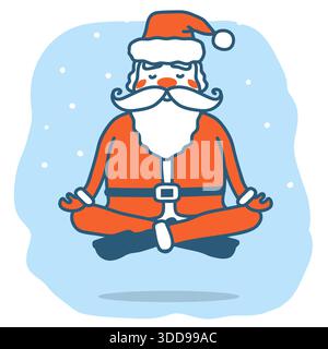 Santa meditazione. Illustrazione di natale disegnata a mano con Babbo Natale che fa posa yoga nella notte di Natale. Illustrazione Vettoriale