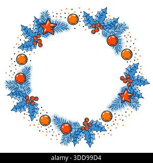 Corona di Natale, bacca di holly e palla di natale e stella rossa decorata. Illustrazione Vector bly rosso per le vacanze invernali isolata su bianco Illustrazione Vettoriale