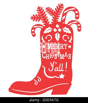Cowboy, buon Natale. Illustrazione rossa con stampa vettoriale con silhouette da stivale Cowboy Country e testo natalizio isolato sul bianco per un design elegante Illustrazione Vettoriale