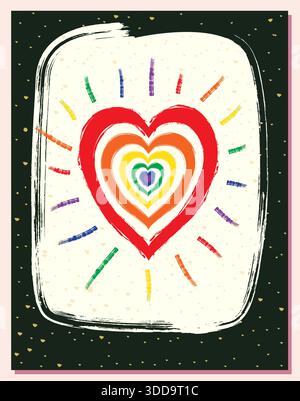 Poster a forma di cuore vettoriale arcobaleno nei colori della bandiera LGBT Pride Illustrazione Vettoriale