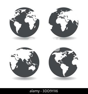 serie di illustrazioni del globo terrestre con continenti e ombre su sfondo bianco Illustrazione Vettoriale