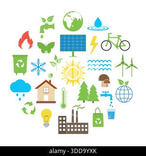 Ecologia insieme di tecnologie ecocompatibili, energie rinnovabili, tutela dell'ambiente, sviluppo sostenibile, conservazione della natura, cambiamento climatico e guerra globale Illustrazione Vettoriale