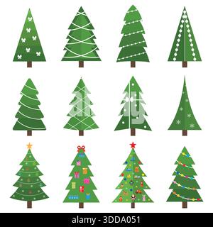 Collezione di splendidi alberi di Natale, design moderno e piatto su sfondo bianco Illustrazione Vettoriale