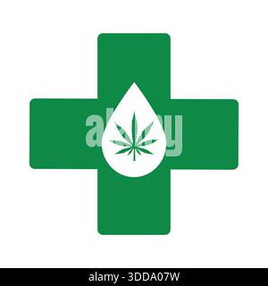 Olio di Cannabis medico. Estratto di cannabis. Icona modello logo su sfondo bianco in una croce medica. Illustrazione di una goccia di olio con una foglia di marijuana. Illustrazione Vettoriale