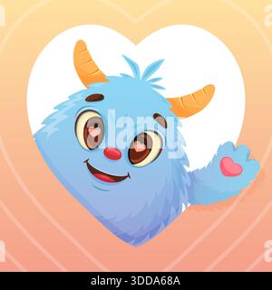 Blu soffice mostro che ondeggia la zampa del cuore contro lo sfondo del cuore soffice di pesca gradiente, grandi occhi espressivi, piccolo Illustrazione Vettoriale