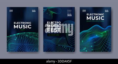 Poster con musica elettronica dal design astratto a onde sonore e sfondo vibrante e sfumato. Modello di volantino dinamico per festival con linee geometriche e mesh al neon, rete per concerti, feste o promozioni per eventi con DJ. Illustrazione Vettoriale