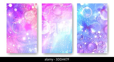 Sfondo rosa Y2K con graziosi effetti anime scintillanti e un design colorato pastello kawaii da sogno. Elementi a stella morbidi sul cielo arcobaleno per una carta da parati fantasia alla moda con un bagliore magico e un'aura romantica. Illustrazione Vettoriale