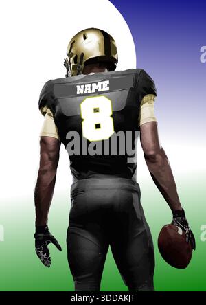 Giocatore di football americano in piedi con le spalle allo spettatore che tiene il casco Illustrazione Vettoriale