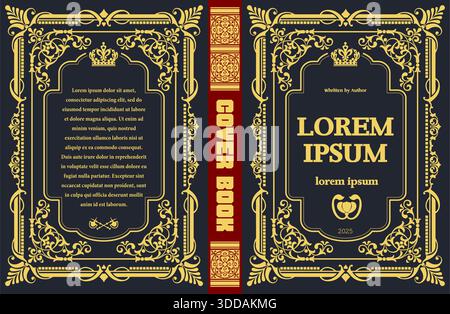 Copertina di libri antichi con una cornice decorata in oro floreale su sfondo navy Illustrazione Vettoriale