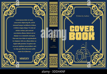 Copertina a libro con un cavaliere che regge una spada e uno scudo, con ornamenti floreali vintage Illustrazione Vettoriale