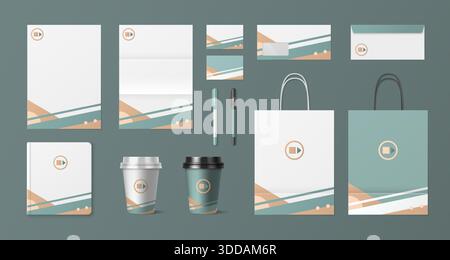 Set di mockup di cancelleria aziendale con modello di design del marchio su biglietti da visita e carta intestata, buste e penne, tazze da caffè e shopping bag. Kit di identità professionale per la presentazione del branding. Illustrazione Vettoriale