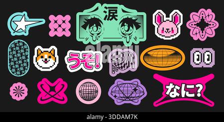 Collezione di adesivi anime Y2K con caratteri pixel art, forme geometriche ed elementi di testo giapponesi in colori vivaci. Icone grafiche retrò di carini animali e stelle, globi per un design nostalgico. Illustrazione Vettoriale