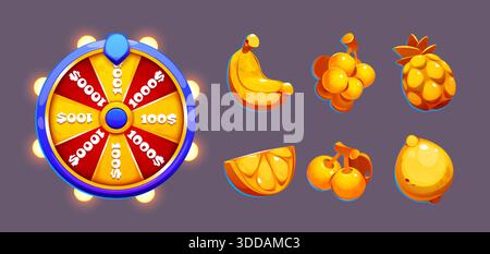 La ruota rotante della fortuna e le icone dorate della frutta sono isolate sullo sfondo. Illustrazione vettoriale della roulette del jackpot per il gioco d'azzardo, simboli delle slot machine del casinò, collezione di segni del vincitore della lotteria 3d. Illustrazione Vettoriale