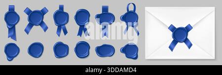 Collezione di sigilli di cera blu con realistici timbri e nastri 3D. Elementi vintage Royal certificate con mockup a busta. Badge di alta qualità con cerchi in rilievo antichi e accessori eleganti Illustrazione Vettoriale