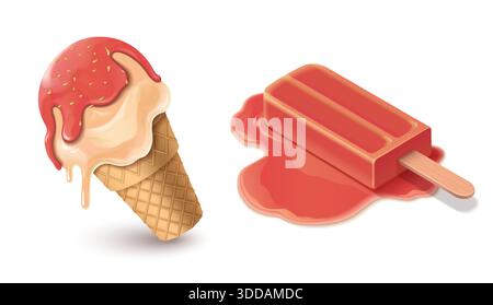 Cono gelato fuso con gocciolatoio di fragole rosse e paletta alla vaniglia sul waffle. Realistica illustrazione 3d del dessert congelato. Delizia estiva con glassa fusa, cospargi e papaveri con la pozza sul bianco. Illustrazione Vettoriale