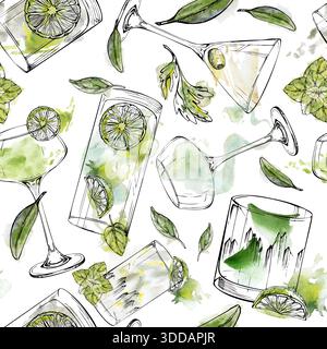 Cocktail verdi freschi, bevande alcoliche trasparenti, gin tonic, martini con olive, menta e guarnizione di agrumi. Motivo senza cuciture in acquerello e. Foto Stock