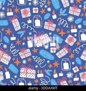 Motivo senza cuciture vettoriale natalizio con albero, regalo, candela, dolcetto, coriandoli, neve e stelle. Illustrazione Vettoriale