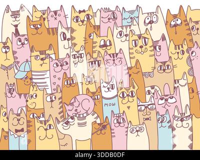 Illustrazione dei colori vettoriali di sfondo dei gatti. Simpatici gatti cartoni animati vettoriali, scarabocchiate disegnate a mano Illustrazione Vettoriale