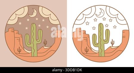 Emblemi del deserto vettoriale dell'Arizona con cactus e illustrazione delle stelle lunari. Il paesaggio notturno americano Vectror cattuna lo stile minimalista. Illustrazione Vettoriale