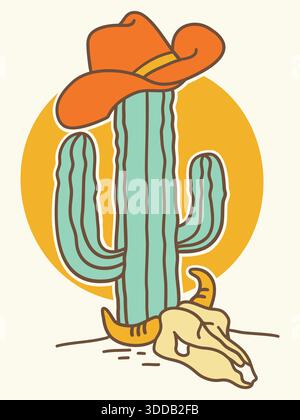 Cappello da cowboy sul cactus. Illustrazione vettoriale disegnata a mano con colori Wild West con cappello da cowboy e teschio di mucca sul tramonto del deserto americano per la stampa Illustrazione Vettoriale