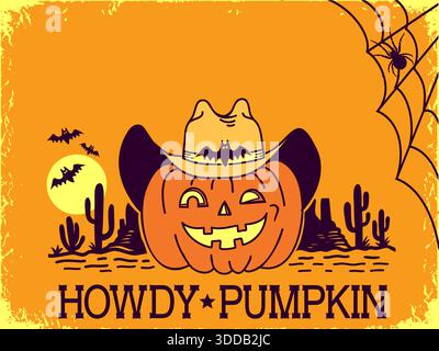 Illustrazione vettoriale di halloween Cowboy con zucca in cappello da cowboy e rodeo fantasma di halloween Illustrazione Vettoriale