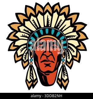 Testa principale vettoriale indiana nativa americana con piume isolate su sfondo bianco per la stampa o la decorazione Illustrazione Vettoriale