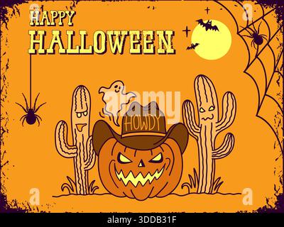 Illustrazione vettoriale di halloween Cowboy con zucca in cappello da cowboy e rodeo fantasma di halloween Illustrazione Vettoriale