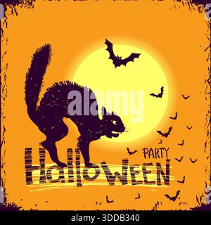 Sfondo vettoriale di Halloween. Sagoma nera del gatto e pipistrelli volanti sull'illustrazione della luna notturna di Halloween con testo. Illustrazione Vettoriale