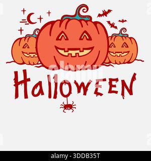 Scheda zucche di Halloween con testo, ragnatela e pipistrelli. Sfondo della carta halloween stampabile vettoriale. Illustrazione Vettoriale