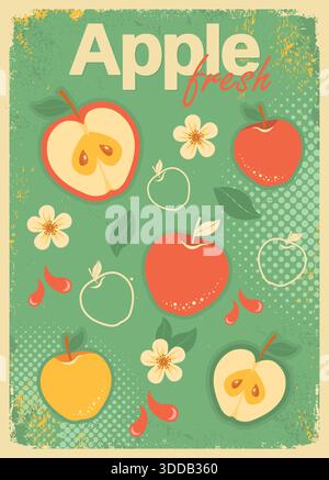 Sfondo poster vintage Apple Juice. Illustrazione Vector Summer Fresh Apple Juice rosso/verde con testo su sfondo vecchio. Illustrazione Vettoriale