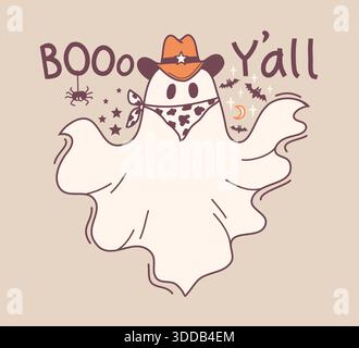 Illustrazione dei colori del cowboy di Halloween. Vettoriale disegnato a mano halloween grazioso fantasma con cappello da cowboy e bandanna e testo natalizio Boo per la stampa di biglietti da visita o d Illustrazione Vettoriale