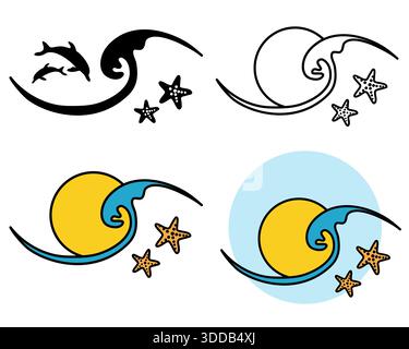 set di sole e onde icona logo simbolo vettoriale illustrazione contorno stile design. Etichetta del paesaggio marino vettoriale, distintivo isolato su bianco Illustrazione Vettoriale