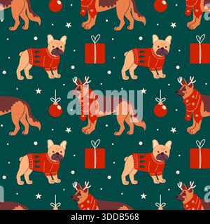 Modello di cane senza cuciture natalizio con maglioni e sciarpe natalizie, Shepherd Dog e Bulldog francese. Regali, palle di Natale Illustrazione Vettoriale