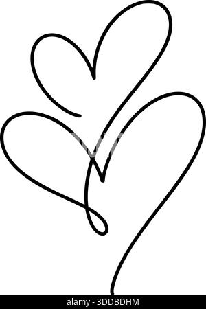 Disegno con linee nere con due cuori vettoriali sovrapposti. Simboleggiando la connessione, la collaborazione e l'affetto Illustrazione Vettoriale