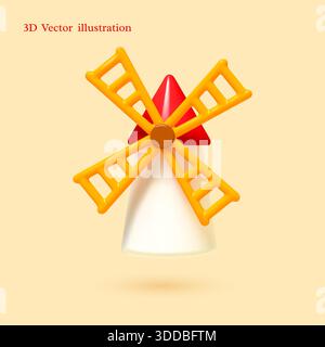 Illustrazione vettoriale 3D di un mulino a vento Illustrazione Vettoriale