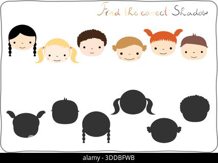 Trova l'ombra corretta - gioco di corrispondenza per i bambini che imparano a distinguere forme e silhouette diverse con i volti di ragazzi e ragazze Illustrazione Vettoriale