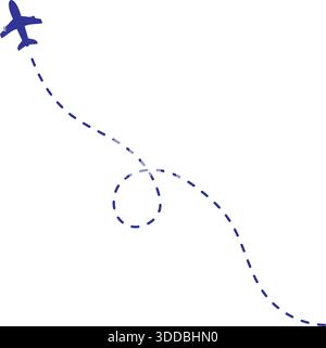 Icona blu di un aereo con tratteggiata traccia tratteggiata della traiettoria di volo sul design vettoriale Illustrazione Vettoriale