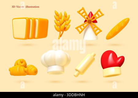 Illustrazione vettoriale 3D delle icone dei prodotti da forno Illustrazione Vettoriale