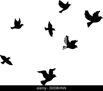 Silhouette di uccello nere in volo su sfondo bianco Illustrazione Vettoriale