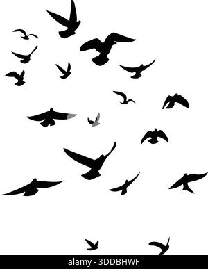 Grande stormo di sagome di uccelli che volano insieme, migrazione della natura e vettore di concetto della fauna selvatica Illustrazione Vettoriale