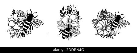 modello vettoriale Honey Bee. Ape vintage con fiori per logo, etichetta, sublimazione, adesivo. Illustrazione Vettoriale