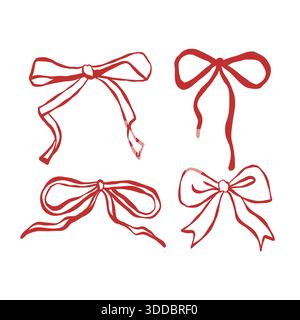 Set di fiocchi rossi e nastri in stile vintage. Delineare stravaganti Ribbon e Bows. Pronto per Natale, matrimonio, compleanno. Illustrazione vettoriale in stile retrò Illustrazione Vettoriale