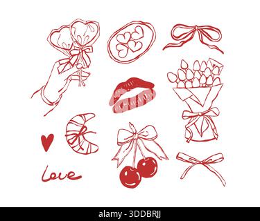 Un set di elementi disegnati a mano per San Valentino e matrimoni. Dolci fiocchi femminili, cuori, ciliegie, cuori e fragole. Illustrazione vettoriale vintage in rosso Illustrazione Vettoriale