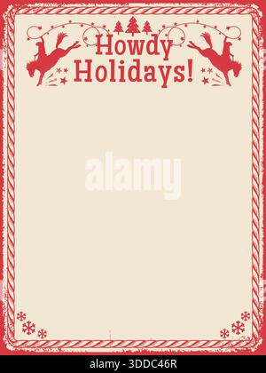 Howdy Holidays Natale sfondo vintage per testo o design. Sfondo natalizio western vintage con telaio in corda e silhouette da cowboy e. Illustrazione Vettoriale