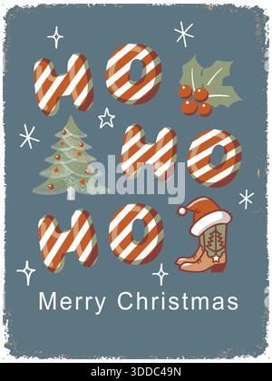 Poster WESTERN Christmas vintage con scritta a righe di caramelle Cowboy e albero di Natale decorato, foglie di agrifoglio con bacche di agrifoglio e stivali da cowboy. Illustrazione Vettoriale