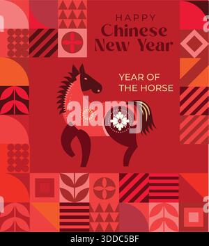 Banner verticali geometrici e modelli di social media per il capodanno cinese 2026 Year of the Horse. Illustrazione vettoriale moderna. Illustrazione Vettoriale