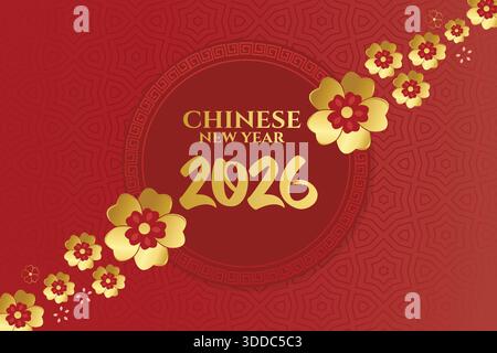 Nuovo anno cinese 2026 lussuoso motivo di sfondo vettoriale. Motivo artistico in linea oro con fiore di peonia orientale su sfondo rosso. Illustrazione di design per wallpap Illustrazione Vettoriale